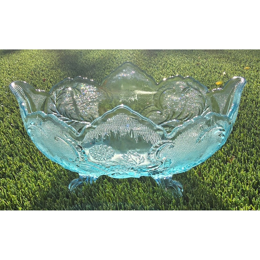Jeannette Glass Lombardi Footed Console Bowl Ice Blue Vtg 50s Floral Scalloped